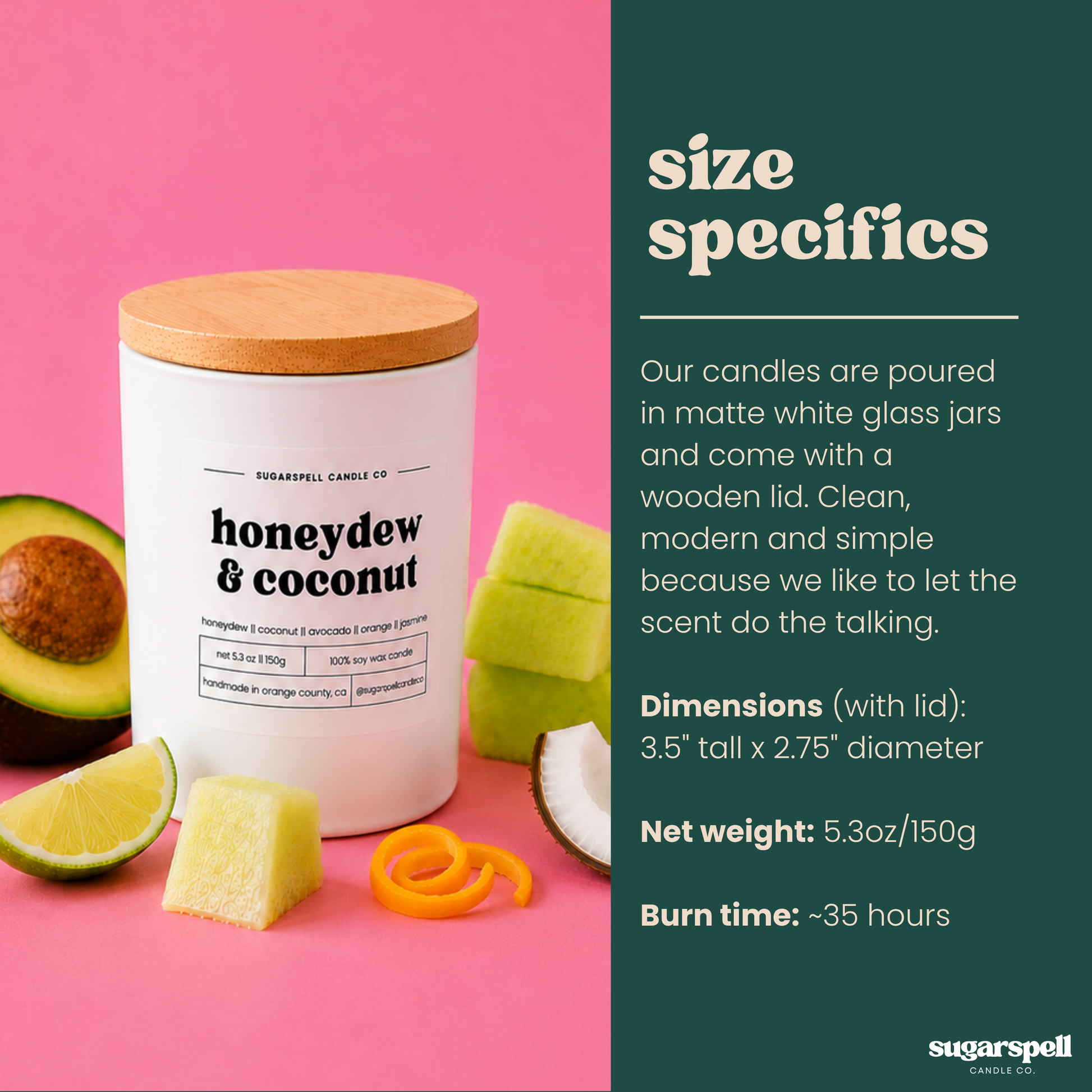 Handmade Honeydew & Coconut 5.3 oz candle dimensions and product details