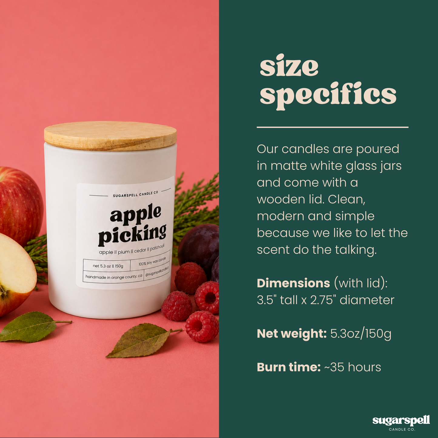 Handmade Apple Picking 5.3 oz candle dimensions and product details