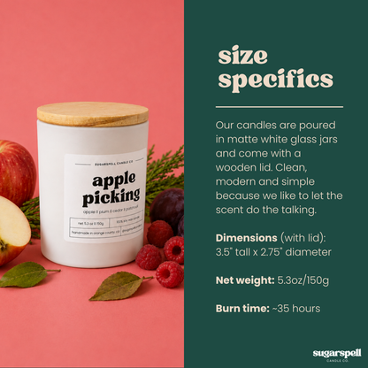 Handmade Apple Picking 5.3 oz candle dimensions and product details
