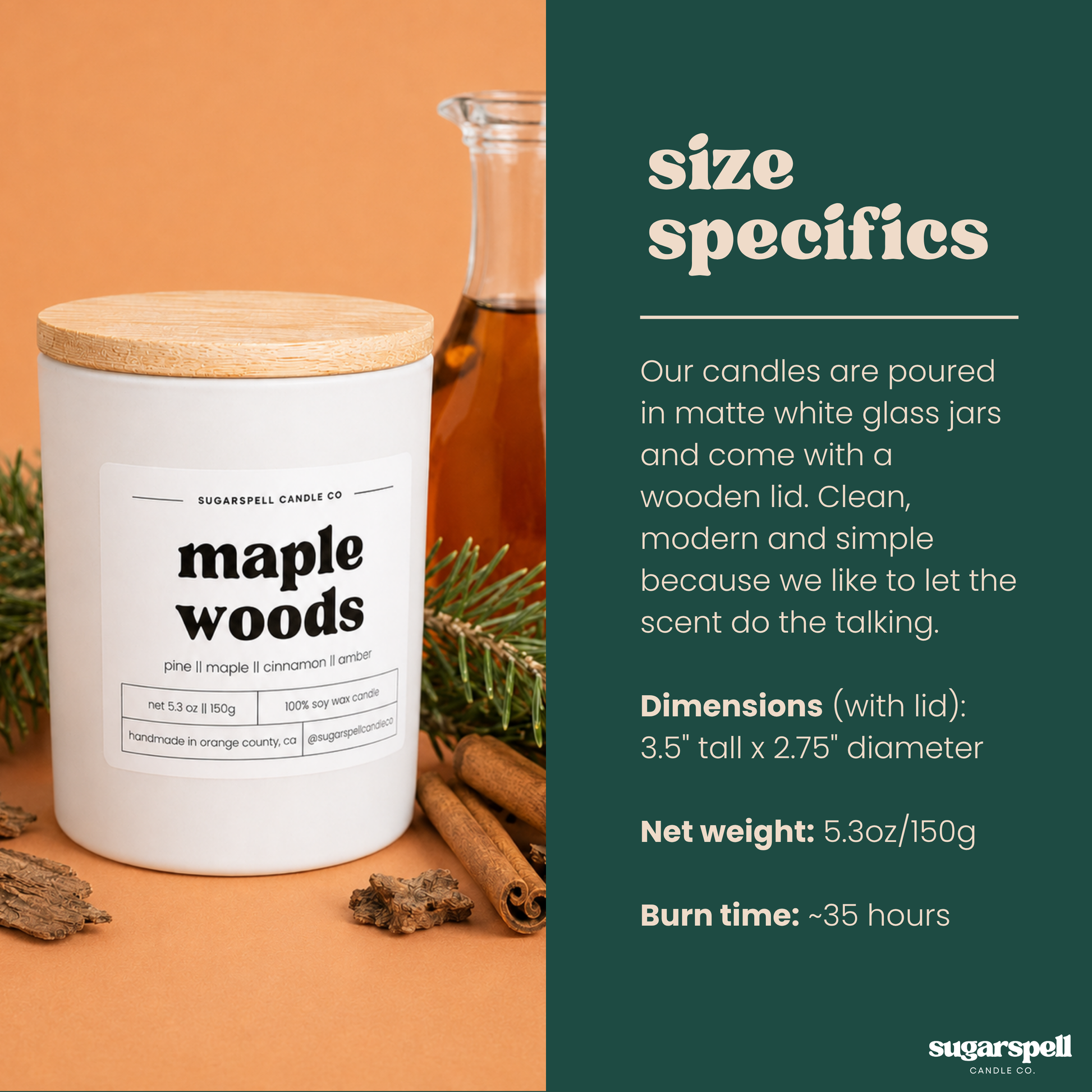 Handmade Maple Woods 5.3 oz candle dimensions and product details