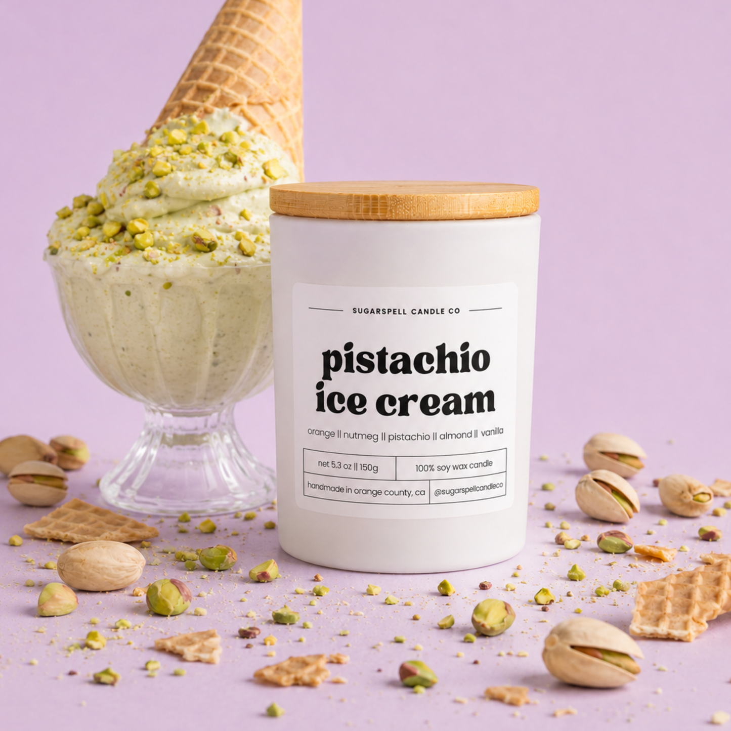 Handmade Pistachio Ice Cream soy candle in a white jar with pistachios and waffle cone