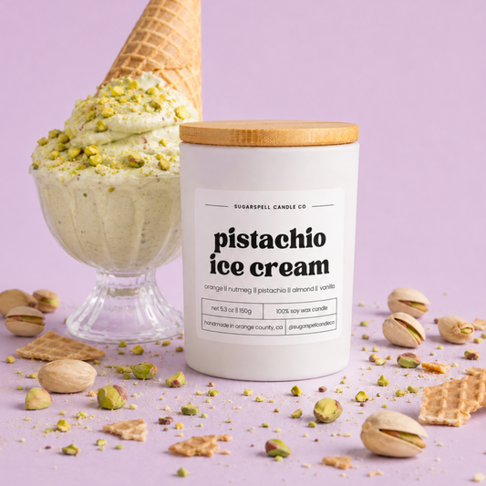 Handmade Pistachio Ice Cream soy candle in a white jar with pistachios and waffle cone