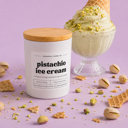 Handmade Sugarspell Pistachio Ice Cream candle styled with nuts and ice cream accents