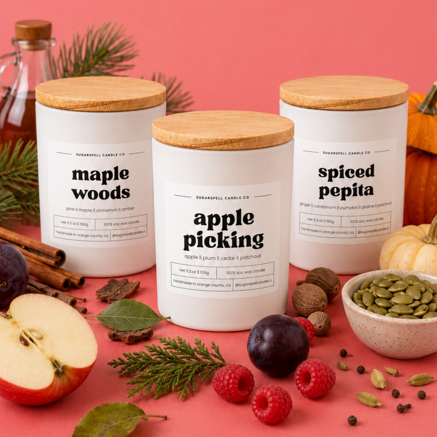 Handmade Apple Picking, Spiced Pepita and Maple Woods soy candle bundle