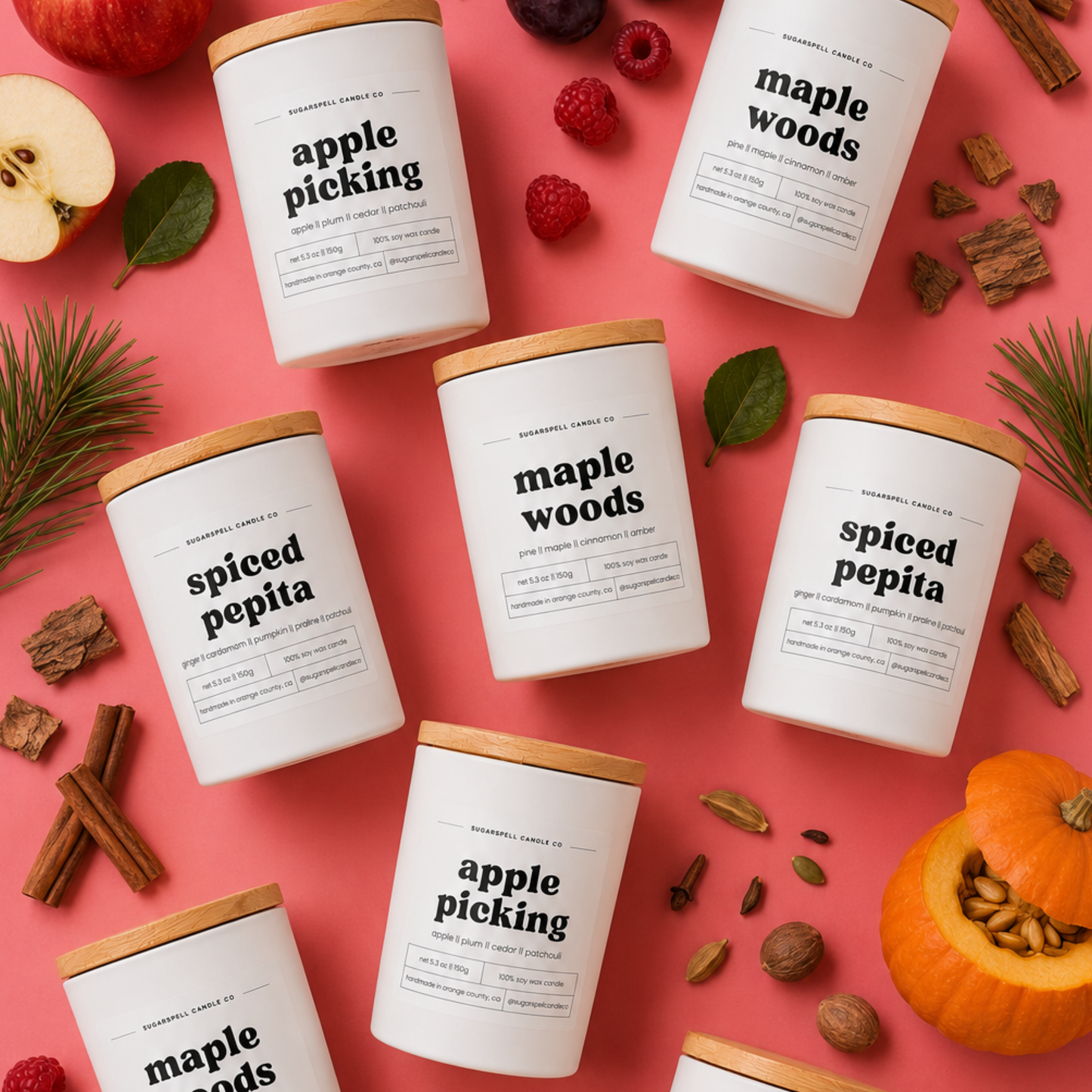 Three handmade fall soy candles in the Sugarspell Scenic Route Collection