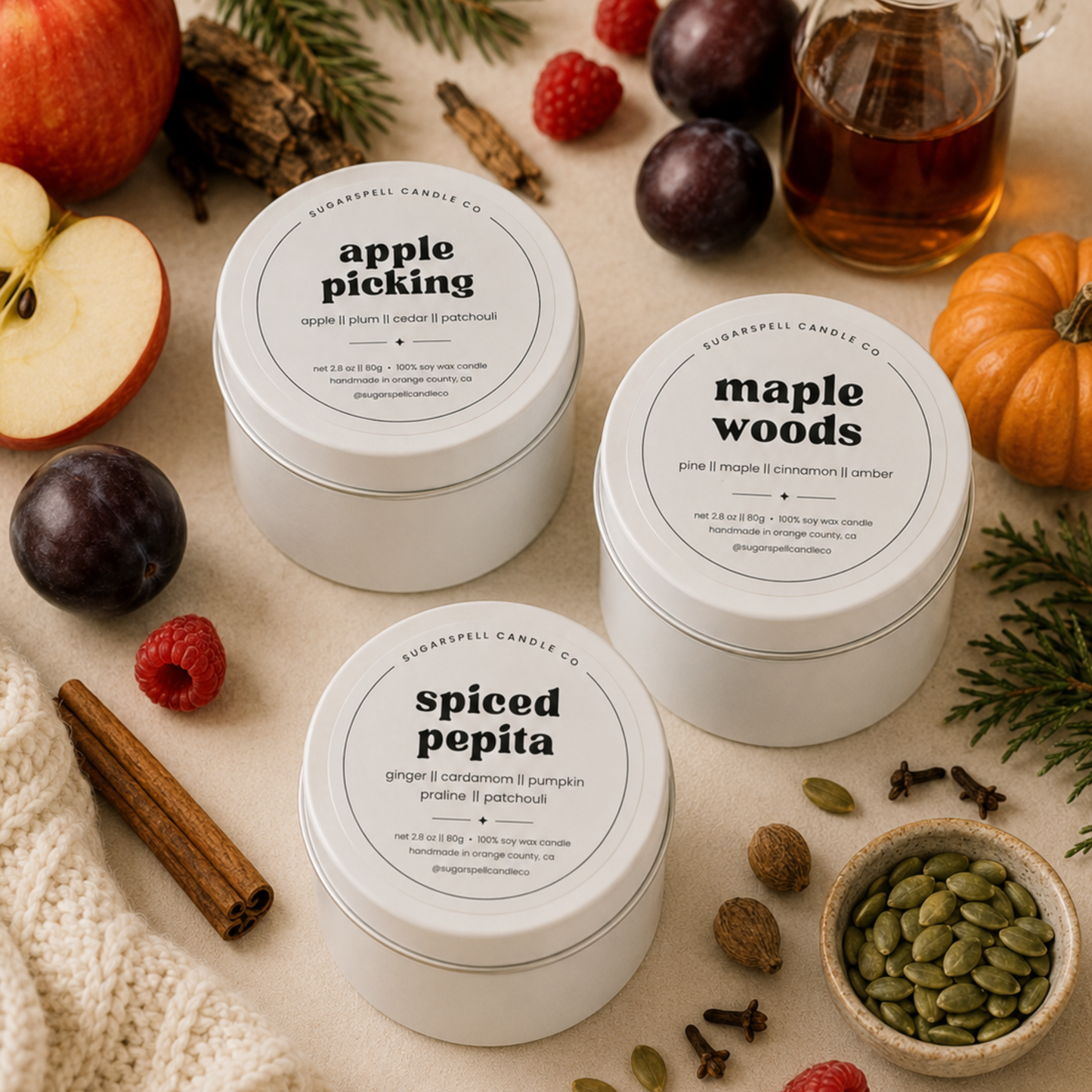 Handmade Apple Picking, Maple Woods and Spiced Pepita mini candles styled with autumn ingredients
