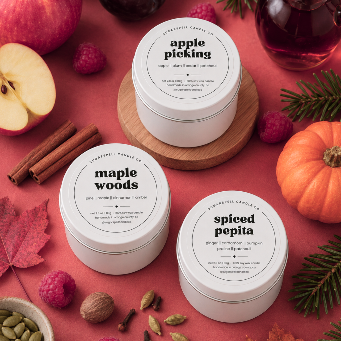 Handmade Apple Picking, Maple Woods and Spiced Pepita mini candles styled with fall fruit and spices