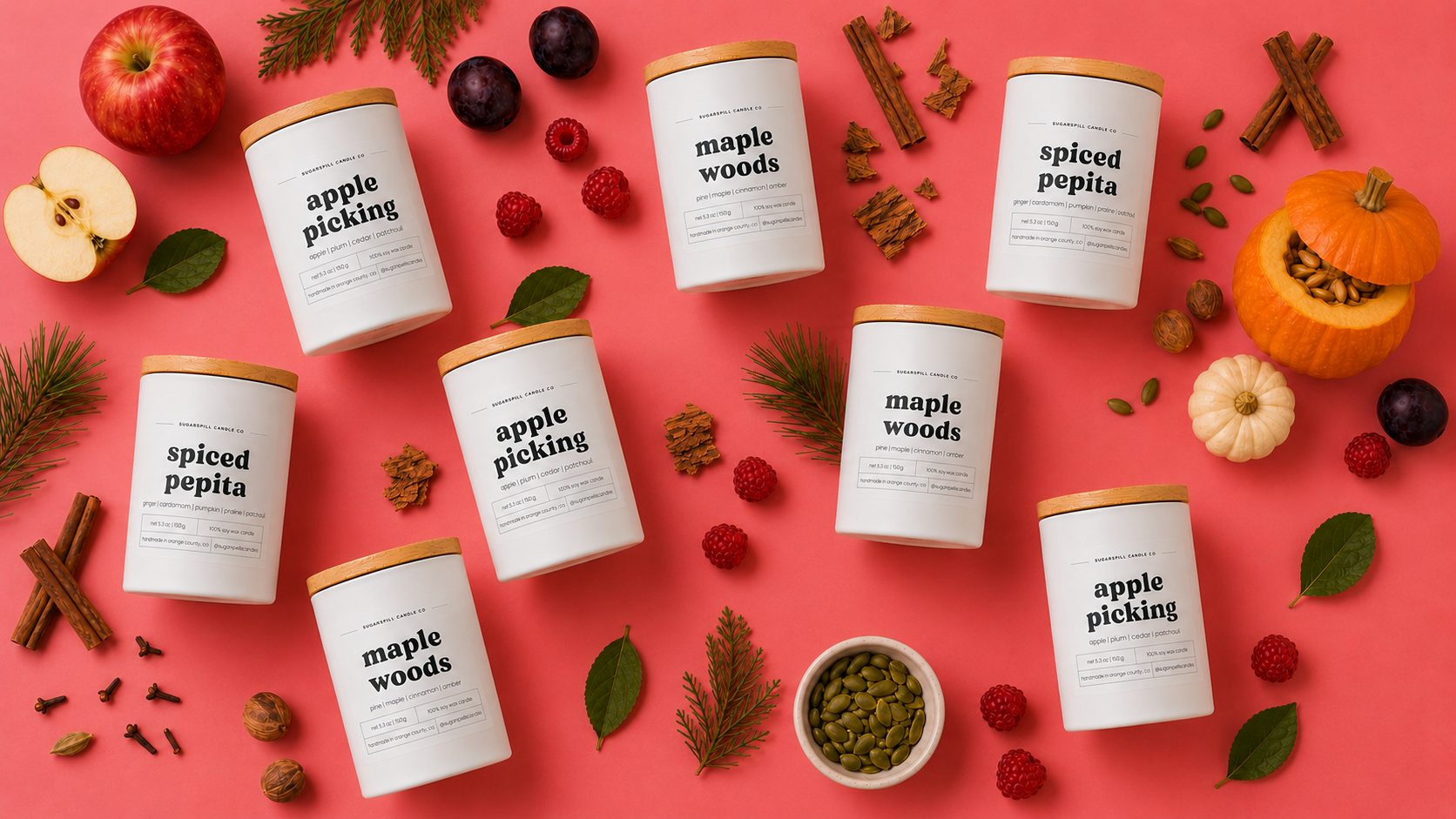 Flat lay of handmade Apple Picking, Maple Woods and Spiced Pepita candles with fall ingredients