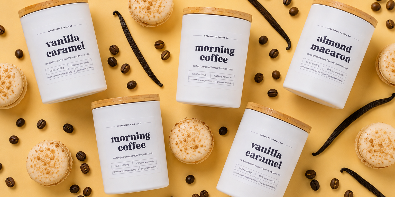 Handmade soy candles in bakery inspired scents with flatlay arrangement.