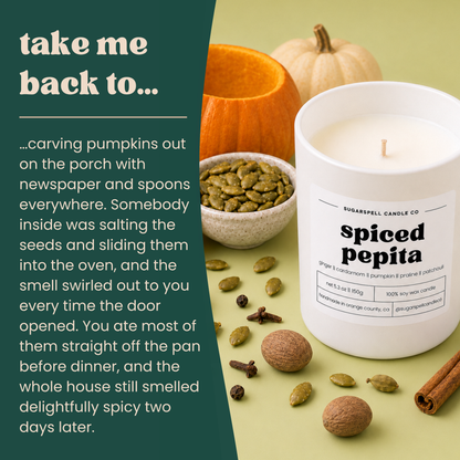 The pumpkin carving porch story behind the handmade Spiced Pepita candle