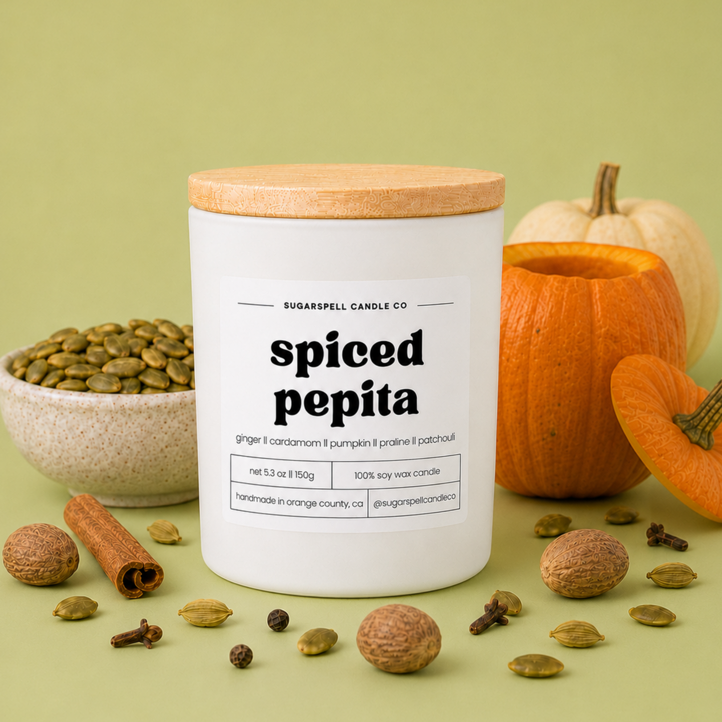 Handmade Spiced Pepita soy candle in a white glass jar with pumpkin seeds and spices