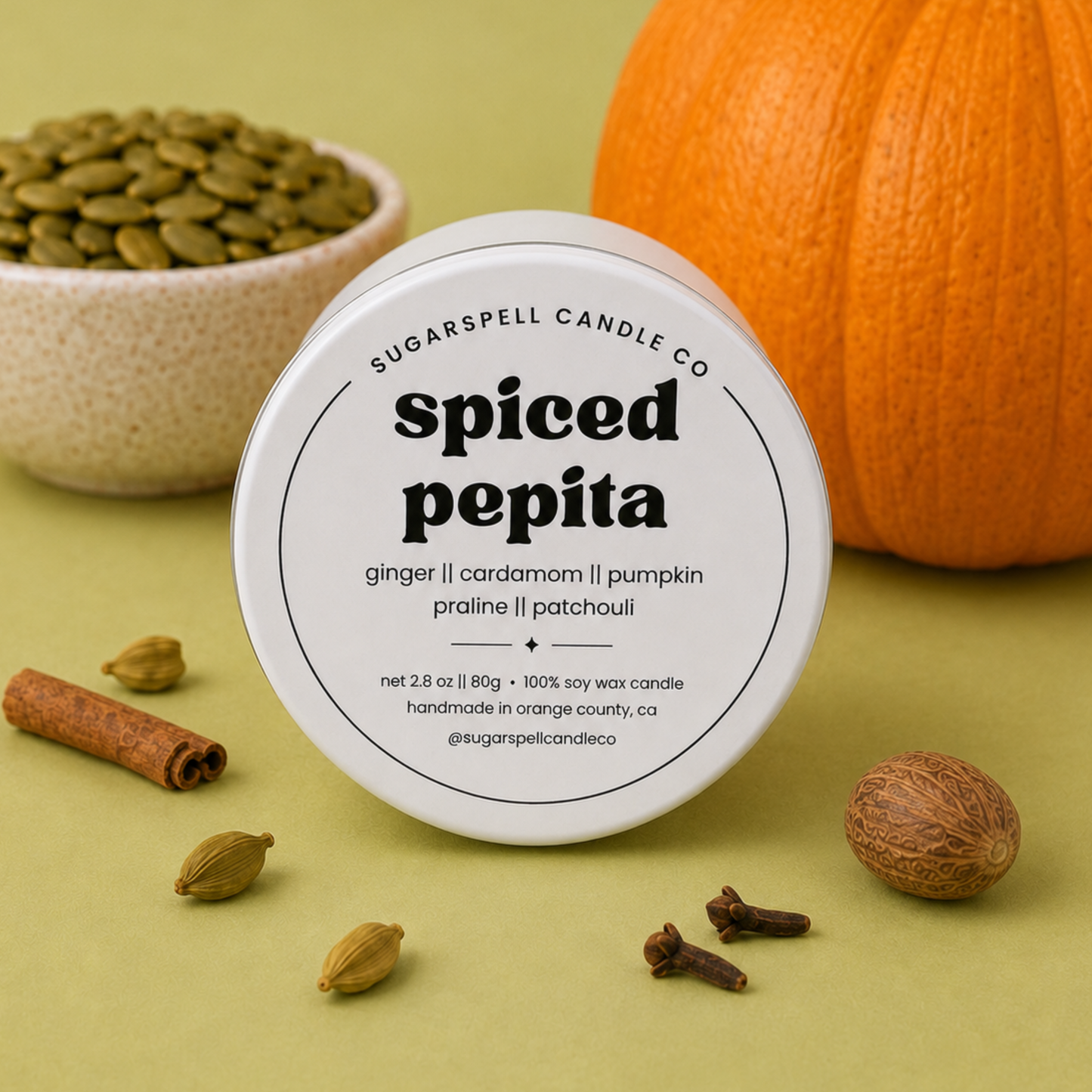 Handmade Spiced Pepita mini candle tin styled with pumpkin, pepitas and warm spices