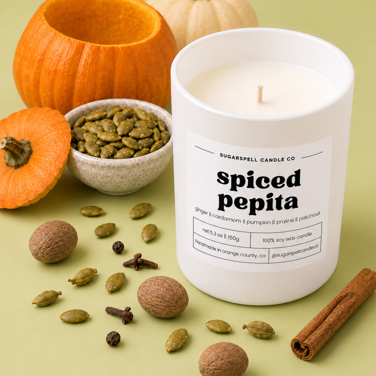 Handmade Spiced Pepita candle in an open white jar with toasted pepitas and cardamom