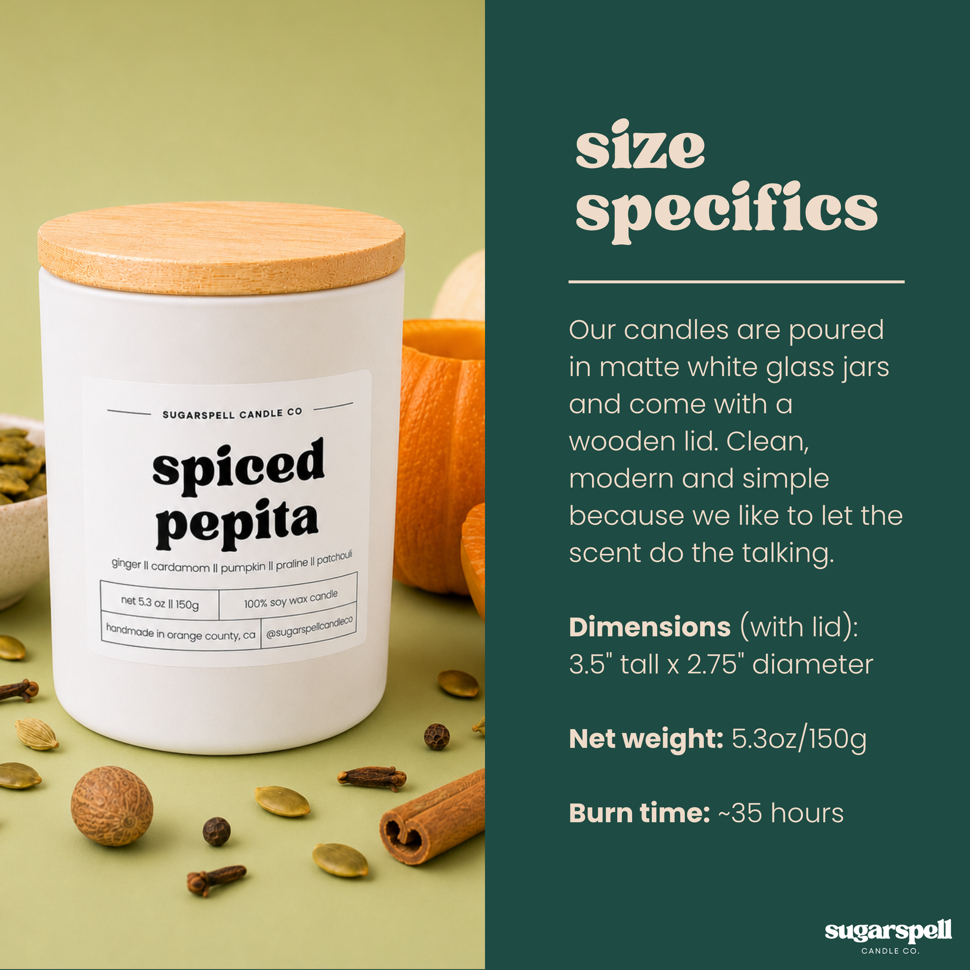 Handmade Spiced Pepita 5.3 oz candle dimensions and product details