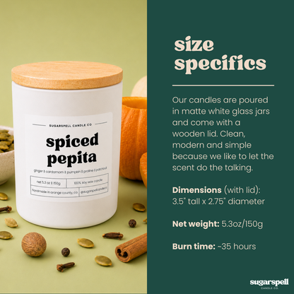 Handmade Spiced Pepita 5.3 oz candle dimensions and product details